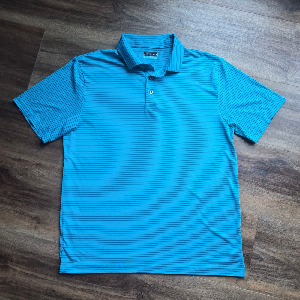 PGA Tour Mens Large Blue Striped Short Sleeve Golf Polo Shirt Turquoise L Preppy
